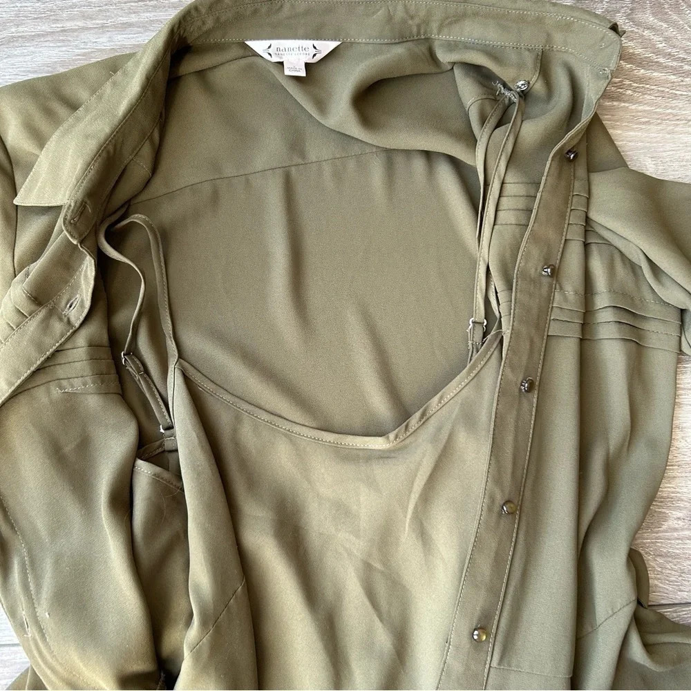 Nanette Lepore Military Green Button Down Midi Shirtdress with Slips - Picture 11 of 16